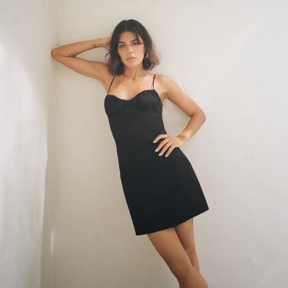 Zara Black Cotton Mini Dress sweetheart neck with ruching NWT SIZE M 7607/370. - Picture 1 of 2